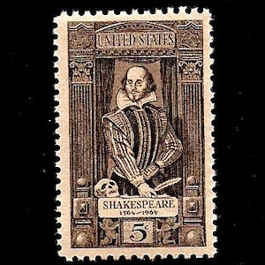 May include: A United States postage stamp featuring a portrait of William Shakespeare. The stamp is brown and tan, with the text "UNITED STATES" at the top. Shakespeare is depicted in a period costume, with the name "SHAKESPEARE" and the years "1564-1964" below.