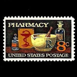 10  PHARMACY Postage Stamps - Pack of (10) Vintage (Issued in 1972) Unused Original USPS Postage Stamps for U.S. Mail.