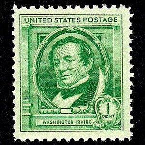 May include: A green United States postage stamp featuring a portrait of Washington Irving within an oval frame. The stamp reads "UNITED STATES POSTAGE" at the top and "WASHINGTON IRVING" at the bottom, with a value of "1 CENT".