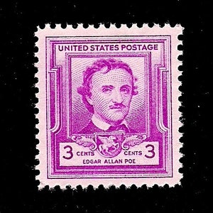 May include: A vintage 3-cent United States postage stamp featuring a portrait of Edgar Allan Poe in purple ink.