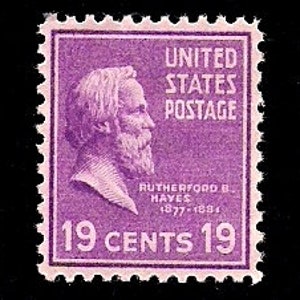 May include: A purple United States postage stamp featuring a portrait of Rutherford B. Hayes, the 19th president of the United States. The stamp reads "United States Postage" and "19 Cents 19" with the text "Rutherford B. Hayes 1877-1881" below the portrait.