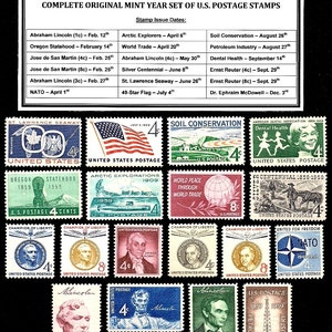 May include: A collection of 16 vintage United States postage stamps from 1959. The stamps feature various themes, including historical figures, statehoods, and world events. The stamps are arranged in a grid pattern on a black background.