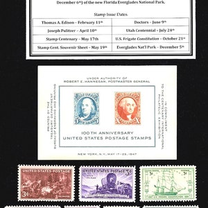 May include: A collection of 10 United States postage stamps from 1947. The stamps feature various historical figures and events, including the 100th anniversary of the United States Postal Service, the dedication of the Everglades National Park, and the centennial of the U.S. postage stamp. The stamps are arranged in a grid pattern on a white background.