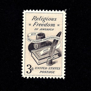 May include: A 3-cent United States postage stamp commemorating Religious Freedom in America. The stamp features a black and white illustration of a book, quill pen, and a hat with the text "The Flushing Remonstrance" and the years "1657" and "1957".