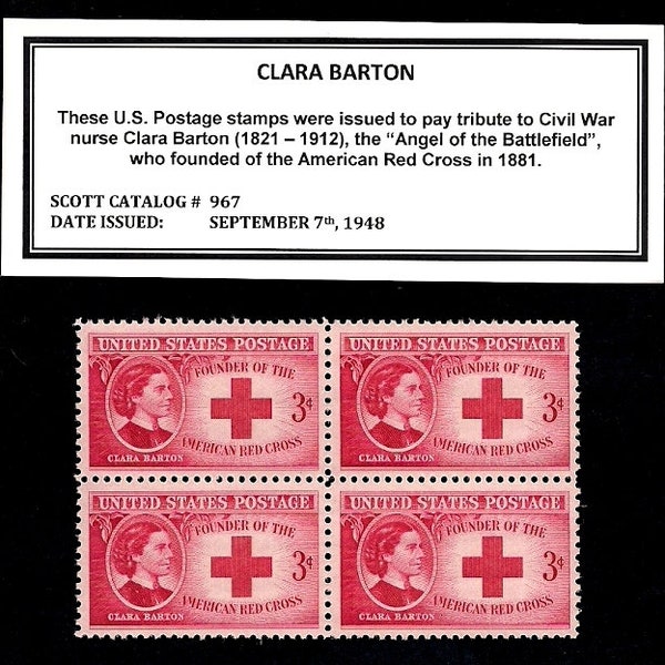 Clara Barton - Vintage (Issued in 1948) Unused Block of Four Postage Stamps with Information Card - Post Office Fresh!