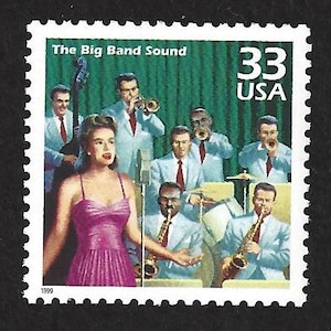 May include: A vintage-style US postage stamp featuring a band of musicians playing instruments. The stamp is green, blue, and red with the text "The Big Band Sound" and "33 USA".