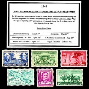 May include: A set of six 3-cent United States postage stamps issued in 1949. The stamps commemorate the final encampment of the Grand Army of the Republic, the 100th anniversary of Edgar Allan Poe's death, and the first gubernatorial elections in Puerto Rico. The stamps feature images of historical figures, buildings, and events.