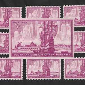 May include: Nine vintage postage stamps commemorating the 300th anniversary of New York City. The stamps feature a purple and white design with a ship sailing into a cityscape. The text "300th Anniversary of New York City" is printed on each stamp.