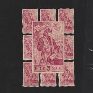 May include: A sheet of nine vintage United States postage stamps featuring a portrait of Dante Alighieri, an Italian poet, and the text "700th Anniversary". The stamps are a deep pink color and have a value of 5 cents each.
