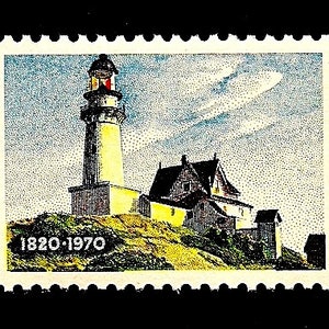 May include: A vintage postage stamp commemorating the 150th anniversary of Maine statehood. The stamp features a lighthouse with a white tower and a red roof, set against a blue sky with white clouds. The text "Maine Statehood 1820-1970" is printed on the left side of the stamp, and "U.S. Postage Six Cents" is printed on the right side.