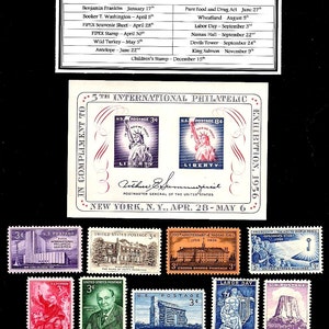 May include: A complete set of 12 original mint condition United States postage stamps issued in 1956. The stamps feature various themes, including the 5th International Philatelic Exhibition, the 200th Anniversary of Nassau Hall, and Wildlife Conservation. The stamps are arranged in a grid pattern on a white background.