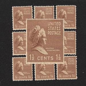 May include: A sheet of nine brown 1 1/2 cent postage stamps featuring a portrait of Martha Washington. The stamps are arranged in a 3x3 grid. Each stamp has the text "UNITED STATES POSTAGE" and "MARTHA WASHINGTON" printed on it.