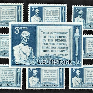 May include: A sheet of ten 3-cent US postage stamps featuring a portrait of Abraham Lincoln and the quote "That government of the people, by the people, for the people, shall not perish from the earth."