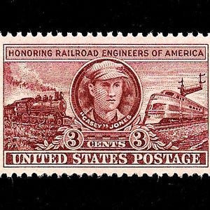 May include: A vintage 3-cent United States postage stamp honoring railroad engineers of America. The stamp features a portrait of Casey Jones, a famous railroad engineer, and two trains. The stamp is in red and white.