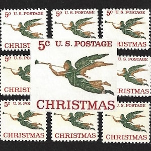 May include: Nine vintage Christmas stamps featuring a green angel with gold wings blowing a trumpet. The stamps are all 5 cents and say "U.S. POSTAGE" and "CHRISTMAS".