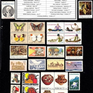 May include: A collection of 1977 United States postage stamps featuring a variety of themes, including butterflies, historical figures, and events. The stamps are arranged in rows and columns on a black background. The text "1977 Original Mint Year Set of U.S. Postage Stamps" is printed at the top of the sheet. The text "Stamp Issue Dates" is printed below the title.