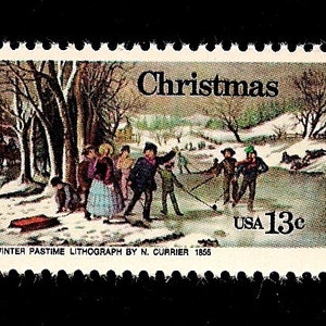 May include: A vintage Christmas postage stamp featuring a winter scene with people ice skating and a red sled. The stamp is from 1955 and has the text "Christmas" and "USA 13c" printed on it. The text "WINTER PASTIME LITHOGRAPH BY N. CURRIER 1855" is printed at the bottom of the stamp.