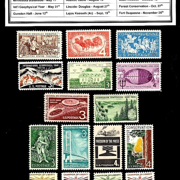 1958  Complete Original Commemorative Year Set of Vintage Unused U.S. Postage Stamps - Post Office Fresh!