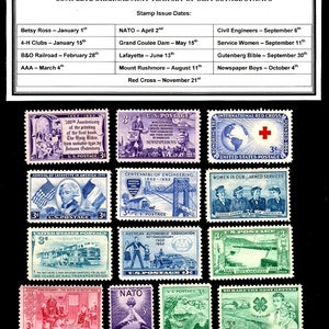 May include: A complete set of 10 US postage stamps from 1952. The stamps feature various themes, including the 500th anniversary of the printing of the first book, the arrival of Lafayette in America, the centennial of engineering, women in the armed services, the 50th anniversary of the American Automobile Association, the 200th anniversary of the birth of Betsy Ross, NATO, the Grand Coulee Dam, the 4-H Clubs, and the International Red Cross.