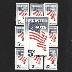 May include: A sheet of nine vintage United States postage stamps featuring an American flag with the text "Register Vote" and "5c Postage".