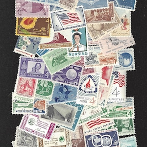 May include: A collection of vintage United States postage stamps, featuring various designs and themes. The stamps showcase historical figures, flags, and commemorative events, with a mix of colors and sizes. Each stamp is marked with a 4-cent value.