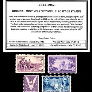 May include: A collection of original mint U.S. postage stamps from 1941-1942. The stamps include commemoratives for Vermont and Kentucky Statehood, and stamps related to World War II, including a "Win the War" stamp and a tribute to the Chinese Resistance.