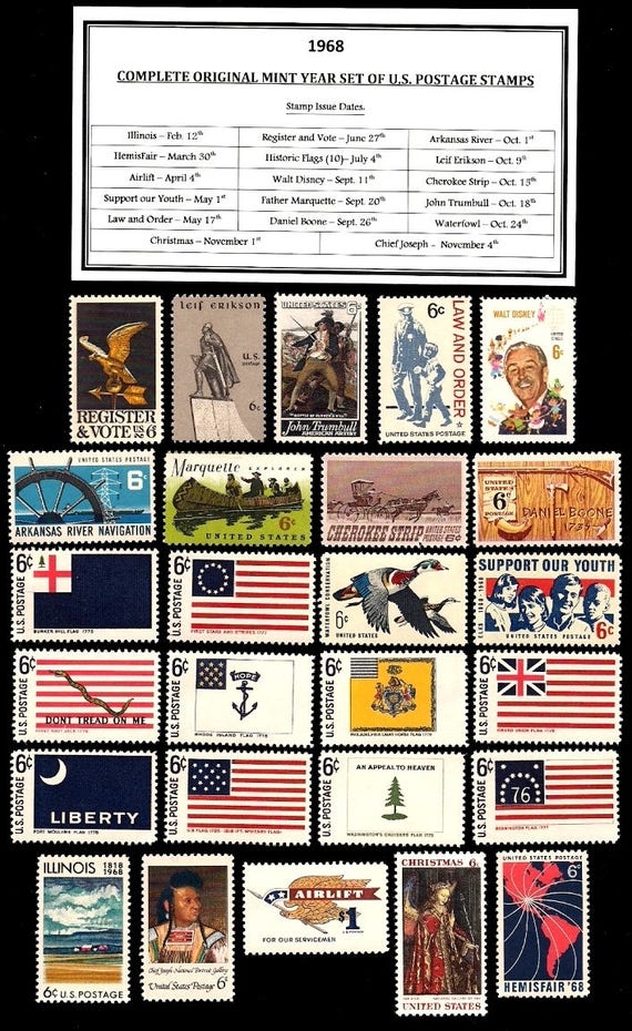 1968 Complete Original Commemorative Year Set of Vintage Unused U.S.  Postage Stamps Post Office Fresh 