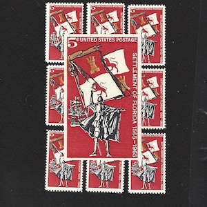May include: A sheet of nine 5-cent United States postage stamps commemorating the Settlement of Florida 1565-1965. The stamps feature a red background with a black and white illustration of a man in armor holding a flag with the coat of arms of Spain. The man is standing on a ship's deck with a sailing ship in the background.
