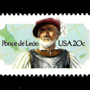 May include: A vintage US postage stamp featuring a portrait of Ponce de Leon, a Spanish explorer, with the text "Ponce de Leon" and "USA 20c" printed on the stamp.