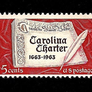 10 Carolina Charter Postage Stamps - Pack of (10) Vintage (Issued in 1963) Unused Original USPS Postage Stamps for U.S. Mail.