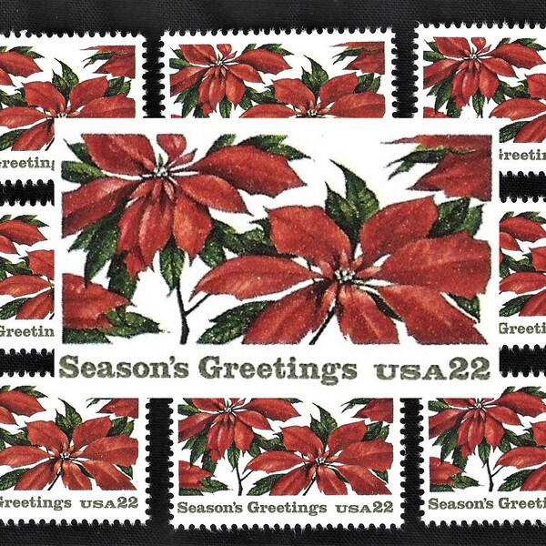 10 Christmas Poinsettia Postage Stamps - Pack of (10) Vintage (Issued in 1985) Unused Original USPS Postage Stamps for U.S. Mail.