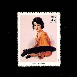 May include: A vintage-style US postage stamp featuring a portrait of a woman with dark hair and a yellow dress. The stamp is pink and has the text "USA 34" and "NEYSA MCMEIN" printed on it.