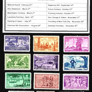 May include: A collection of 12 vintage US postage stamps from 1953. The stamps feature various historical events and figures, including the Gadsden Purchase, the opening of Japan, and General George S. Patton. The stamps are in excellent condition and would be a great addition to any stamp collection.
