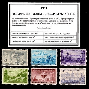 May include: A set of six 3-cent United States postage stamps issued in 1951. The stamps commemorate the last encampment of Confederate Veterans, the centennial of the first Nevada Settlement, and the 175th anniversary of the Revolutionary War Battle of Brooklyn.