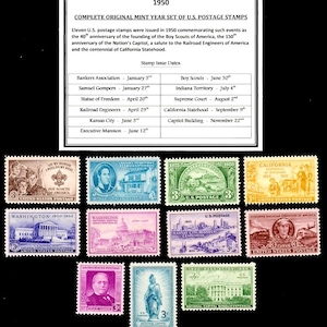 May include: A complete set of eleven 3-cent U.S. postage stamps issued in 1950. The stamps commemorate events such as the founding of the Boy Scouts of America, the 150th anniversary of the Nation's Capitol, and the centennial of California Statehood.