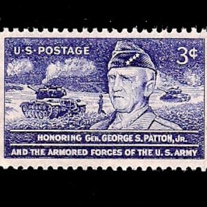May include: A vintage U.S. postage stamp with a blue and white design. It features a portrait of General George S. Patton Jr., tanks, and the text "U.S. Postage" and "Honoring Gen. George S. Patton, Jr. and the Armed Forces of the U.S. Army."