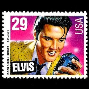 May include: A 29-cent US postage stamp featuring a portrait of Elvis Presley, a rock and roll singer, holding a microphone. The stamp has a pink background with the text "Elvis" and "Rock & Roll Singer, 1935-1977" printed on the left side.
