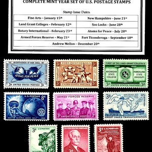 May include: A collection of 10 US postage stamps from 1955. The stamps feature various themes, including "Atoms for Peace", "Armed Forces Reserve", "New Hampshire", and "Great Lakes Transportation".