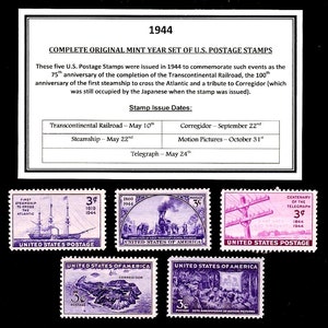 May include: A set of five 3-cent US postage stamps issued in 1944. The stamps commemorate the 75th anniversary of the completion of the Transcontinental Railroad, the 100th anniversary of the first steamship to cross the Atlantic, and the 50th anniversary of motion pictures. The stamps also feature a tribute to Corregidor.