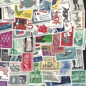 May include: A collage of colorful vintage postage stamps, featuring various designs and themes. Stamps depict historical figures, flags, and commemorative events. The collection includes stamps from the United States and other countries.