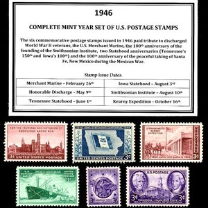 1946 Complete Commemorative Year Set of Vintage Unused Original USPS Postage Stamps for U.S. Mail.