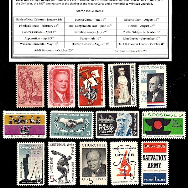 1965  Complete Original Commemorative Year Set of Vintage Unused U.S. Postage Stamps - Post Office Fresh!