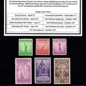May include: A collection of 1940 U.S. postage stamps, including those commemorating the Pony Express, the 13th Amendment, and national defense. The stamps feature various designs and colors, with text indicating their purpose and value.