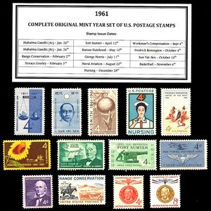 May include: A collection of 1961 U.S. postage stamps, including stamps for Nursing, Kansas Statehood, and Fort Sumter. The set includes stamps featuring historical figures and events, with a table listing stamp issue dates.