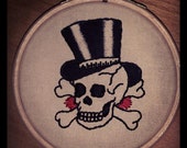 Handmade Stitched Wall Hanging of Sailor Jerry Skull and Top Hat Tattoo Flash Design Embroidery