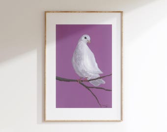 Arte de pared imprimible de paloma blanca / Lámina minimalista de pájaro / Ilustración animal sobre fondo morado / Descarga digital / Decoración de paloma de la paz