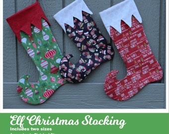 May include: Three Christmas stockings with elf shoe tops. The stockings are made of fabric with different patterns. The large stocking is green with a white and red pattern. The medium stocking is black with a white and red pattern. The small stocking is red with a white and black pattern. The stockings are hanging on a wall. The text on the image reads "Elf Christmas Stocking", "Includes two sizes", "Approximate Finished Sizes:", "Large Stocking: 15" High X 11" Wide", "Small Stocking: 12" High X 10" Wide", "Rosie & David", "Copyright 2020".