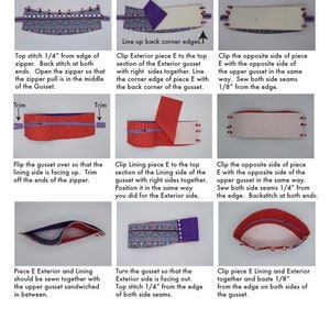 Puede incluir: Una gu&iacute;a paso a paso sobre c&oacute;mo coser un fuelle para una bolsa con cremallera. Las instrucciones incluyen sujetar, coser y recortar las piezas de tela. La imagen muestra los diferentes pasos involucrados en la costura del fuelle, incluyendo alinear los bordes, coser las costuras y voltear el fuelle del lado derecho hacia afuera.