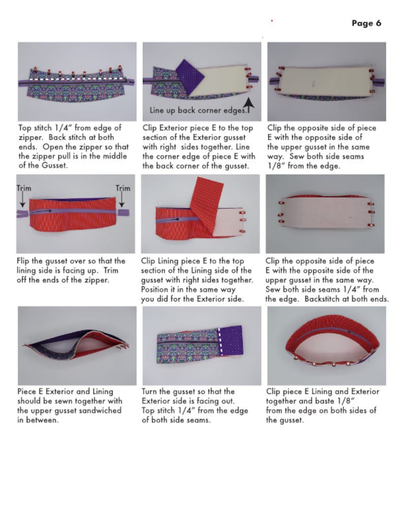 Puede incluir: Una gu&iacute;a paso a paso sobre c&oacute;mo coser un fuelle para una bolsa con cremallera. Las instrucciones incluyen sujetar, coser y recortar las piezas de tela. La imagen muestra los diferentes pasos involucrados en la costura del fuelle, incluyendo alinear los bordes, coser las costuras y voltear el fuelle del lado derecho hacia afuera.