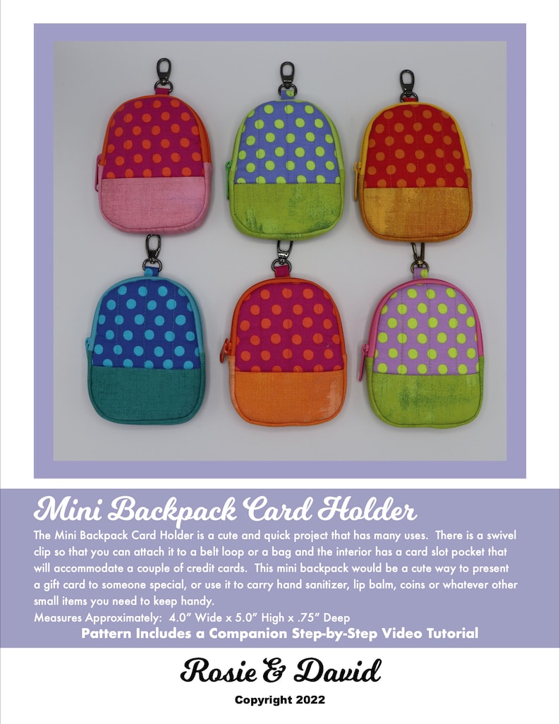 Mini Backpack Card Holder PDF Sewing Pattern Instant Download with Step-by-Step Video Tutorial Fat Quarter Friendly Rosie & David Patterns image 5